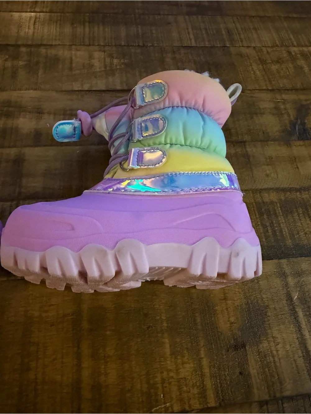 Kids Pink Rainbow Winter Snow Boots - Cozy Waterproof Slip-On